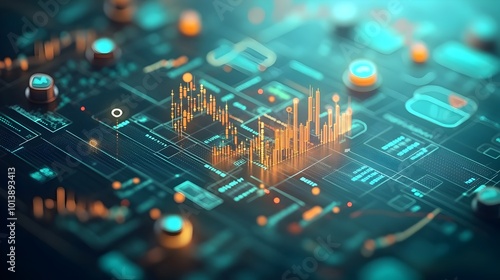 Extreme close up of a blue market investment chart meticulously analyzing candlestick patterns and technical market indicators