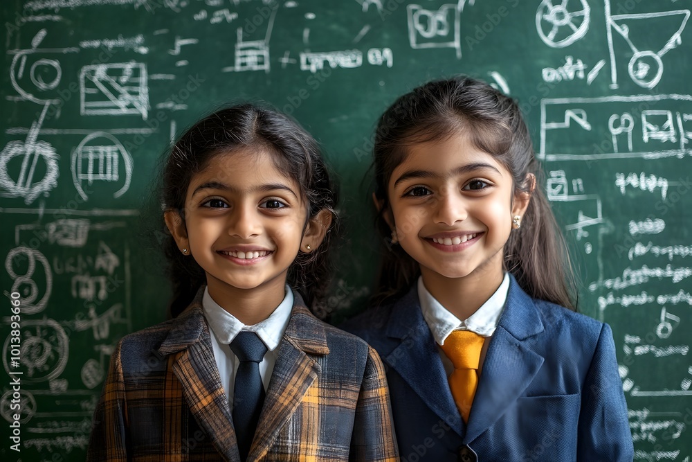 Smiling Students Dressed as Pilot and Doctor in Front of Doodled Chalkboard Smiling Students Dressed as Pilot and Doctor in Front of Doodled Chalkboard