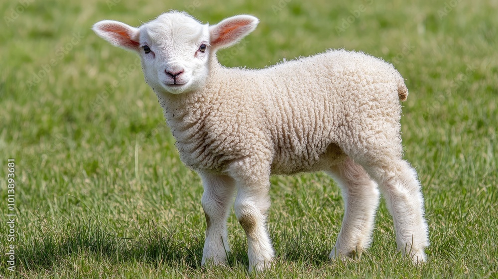 A fluffy white lamb stands in a grassy field, looking directly at the camera with its big, innocent eyes. A fluffy white lamb stands in a grassy field, looking directly at the camera with its big, innocent eyes.