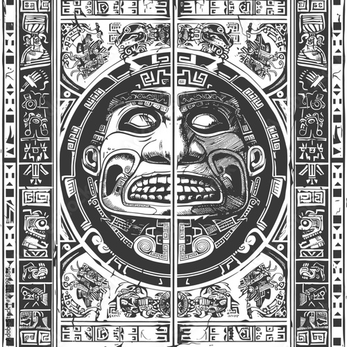 Black and White Aztec Design with a Central Face