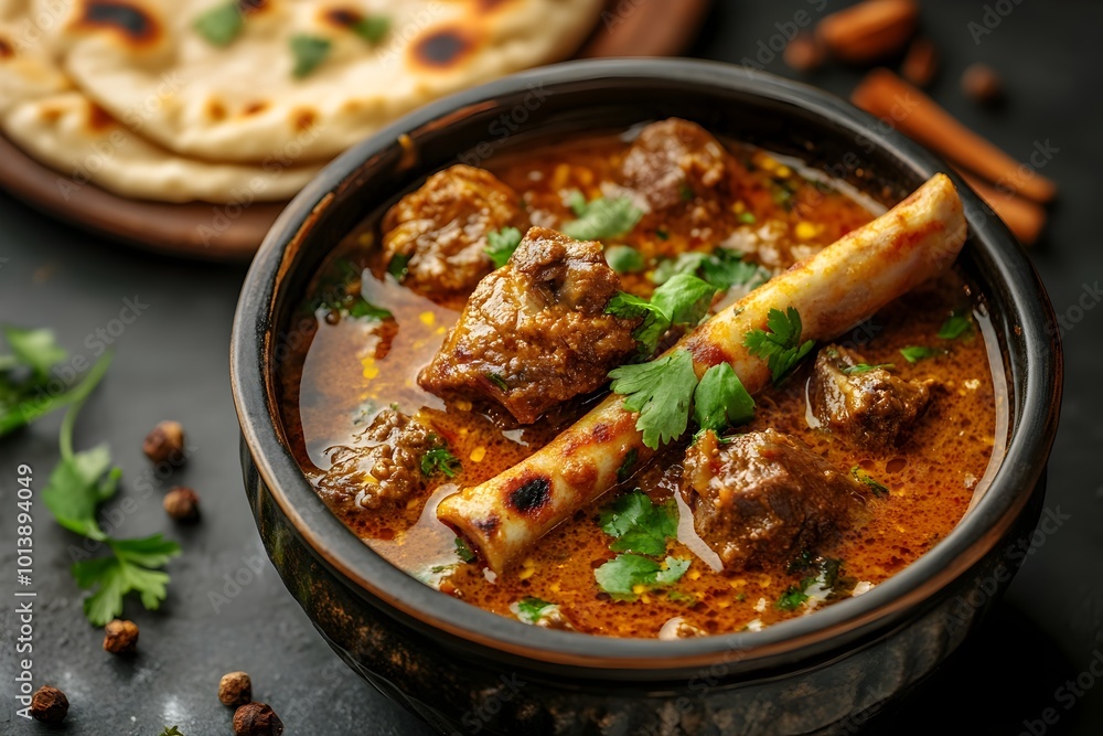 Rich and Aromatic Mutton Paya Curry with Freshly Baked Naan on a Dark Background Rich and Aromatic Mutton Paya Curry with Freshly Baked Naan on a Dark Background