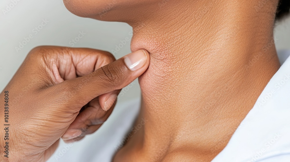 A close-up of a person checking their neck, showing details of skin texture and health awareness. A close-up of a person checking their neck, showing details of skin texture and health awareness.