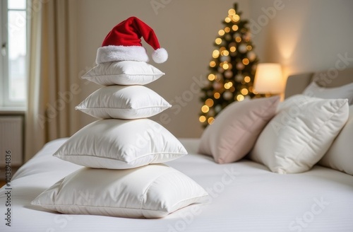 Christmas tree made of rectangular white pillows, holiday decoration at home, hotel rooms on New Year's Eve photo