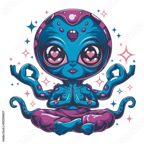 A vibrant, blue-toned extraterrestrial creature with large, round eyes adorned with heart patterns. The creature has multiple tentacle-like
appendages, each ending in a hand-like structure.