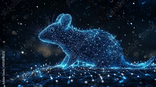 A radiant wireframe mouse ambiently illuminated amidst a starry digital cosmos, emblematic of technological breakthroughs and the boundless realms of fantasy. photo