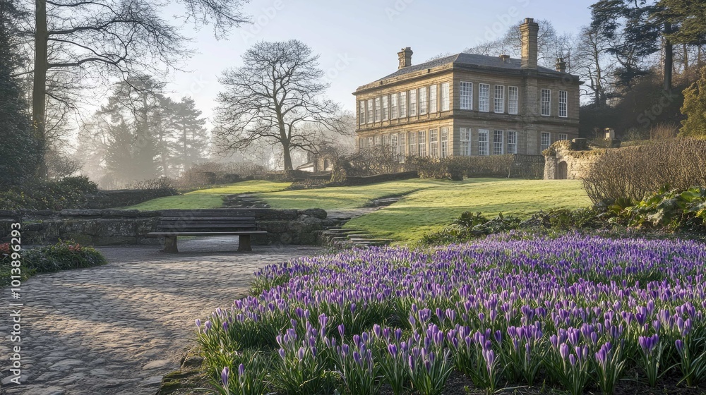 A large, classic house with a stone pathway leading to a bench sits on a grassy hill overlooking a field of purple crocuses. A large, classic house with a stone pathway leading to a bench sits on a grassy hill overlooking a field of purple crocuses.
