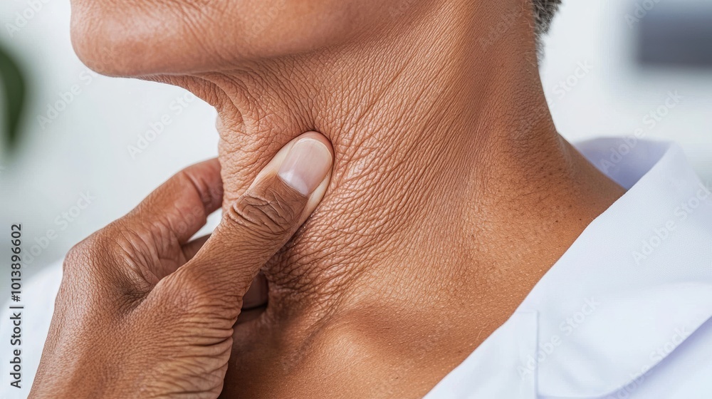 Naklejka premium Close-up of a hand gently touching the neck, highlighting skin texture and aging signs.