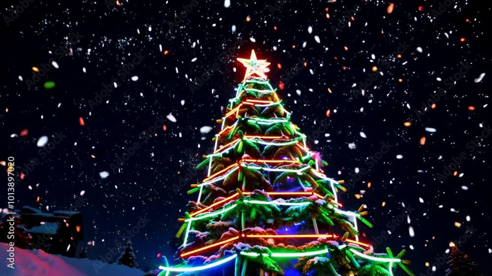A brightly lit Christmas tree stands out with multicolored lights while delicate snowflakes fall softly around it, creating a festive winter atmosphere. A brightly lit Christmas tree stands out with multicolored lights while delicate snowflakes fall softly around it, creating a festive winter atmosphere.