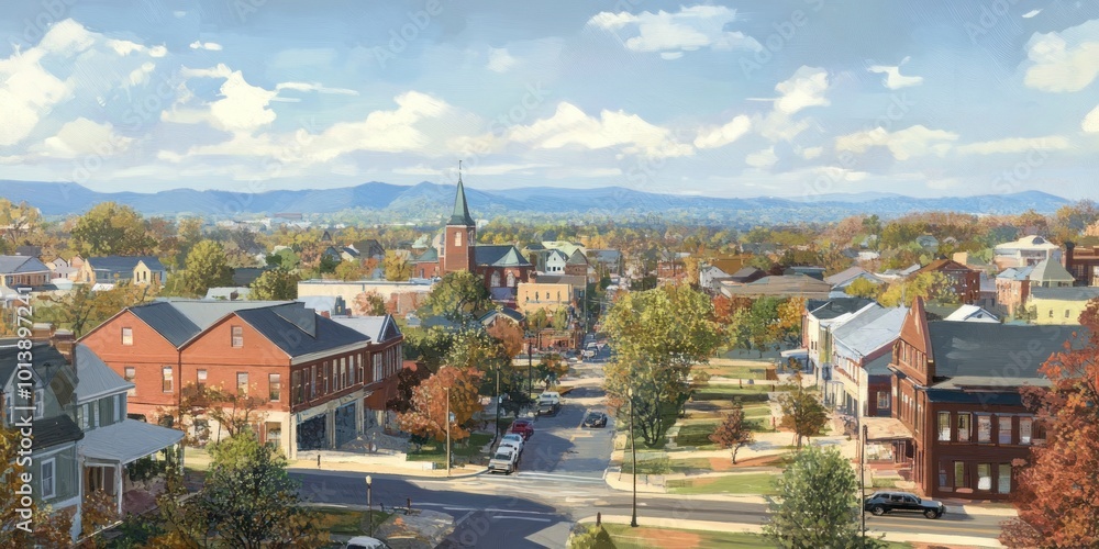 A panoramic view of a quaint town with red brick buildings, lush green trees, a church steeple, and a mountain range in the background. A panoramic view of a quaint town with red brick buildings, lush green trees, a church steeple, and a mountain range in the background.