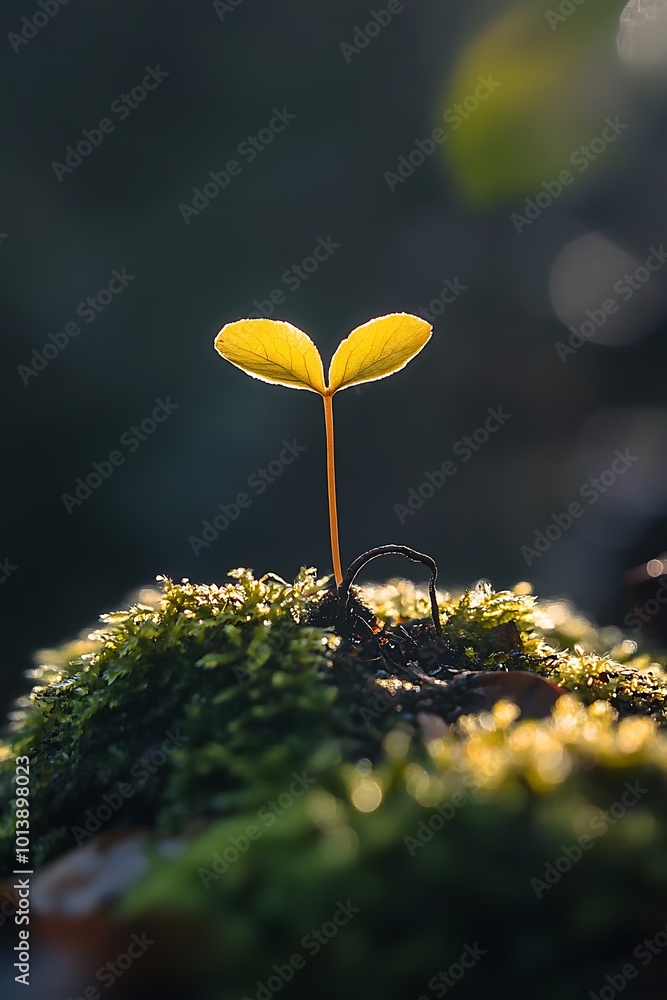 Tiny sprout seedling growing through green moss in sunlight. New life, growth, nature, and spring concept. Tiny sprout seedling growing through green moss in sunlight. New life, growth, nature, and spring concept.