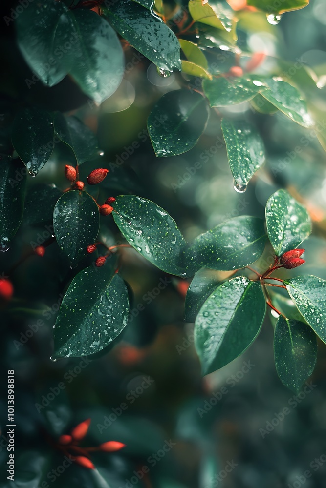 Closeup of green leaves with red berries covered in raindrops, nature photography Closeup of green leaves with red berries covered in raindrops, nature photography