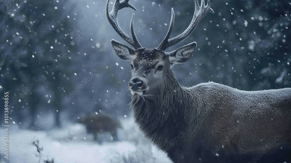 A majestic deer stands in a snowy forest, looking directly at the camera with its large antlers prominent. A majestic deer stands in a snowy forest, looking directly at the camera with its large antlers prominent.