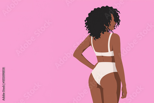 back view of a black woman wearing white underwear on pink background with copy space