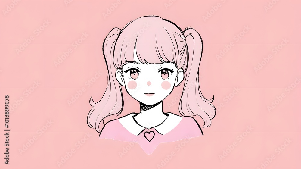 Cute anime girl cartoon, pink hair, pink shirt. Cute anime girl cartoon, pink hair, pink shirt.