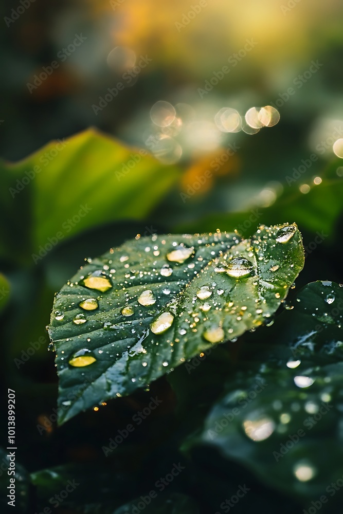 Close up of dew drops on a green leaf with sunlight Close up of dew drops on a green leaf with sunlight
