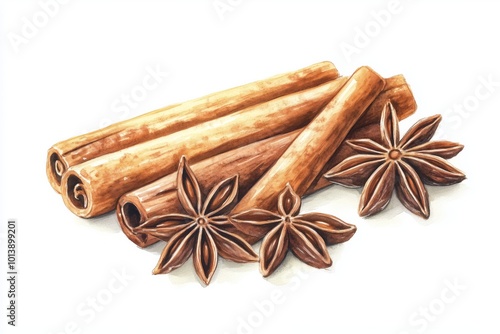 Cinnamon and star anise. Winter spice. Hand drawn watercolor illustration. Isolated on white background.