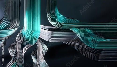 Digital flowlines rendered in metallic silver with accents of bright teal, glowing gently over a dark background. photo