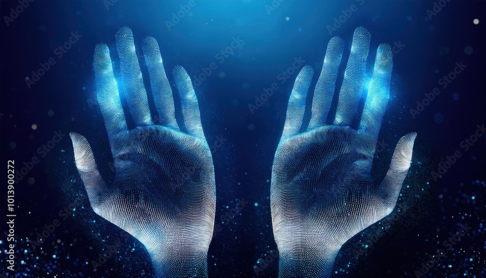 Abstract digital wave dots background with gradient color and hand shape technology concept design for banner or poster on dark background. Abstract digital wave dots background with gradient color and hand shape technology concept design for banner or poster on dark background.