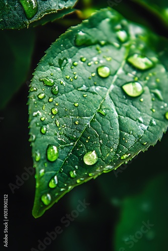 Close up of Water Droplets on Green Leaf