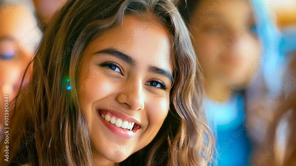 A cheerful young girl with long dark hair and olive skin smiles warmly in a bright classroom with other students. The natural light enhances the lively atmosphere, reflecting a joyful mood. This A cheerful young girl with long dark hair and olive skin smiles warmly in a bright classroom with other students. The natural light enhances the lively atmosphere, reflecting a joyful mood. This