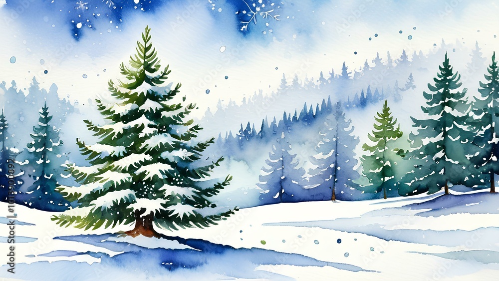 A Christmas tree standing in a snowy forest, with snowflakes gently falling, painted in a peaceful and festive watercolor landscape A Christmas tree standing in a snowy forest, with snowflakes gently falling, painted in a peaceful and festive watercolor landscape
