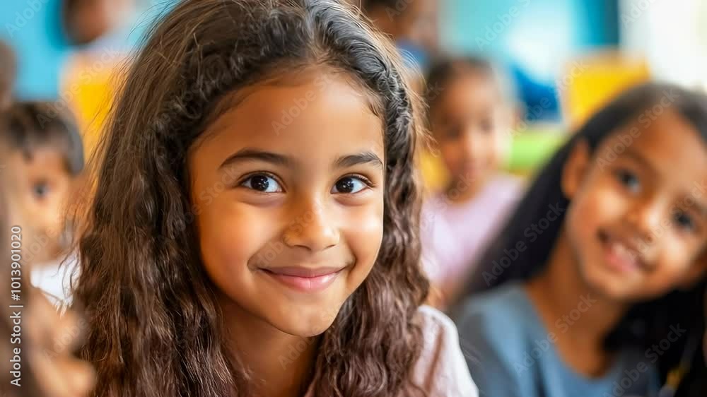 A young girl with long, curly hair and a bright smile sits in a classroom, surrounded by classmates of similar age. The mood is cheerful, capturing a moment of joyful learning during the day. Ideal A young girl with long, curly hair and a bright smile sits in a classroom, surrounded by classmates of similar age. The mood is cheerful, capturing a moment of joyful learning during the day. Ideal