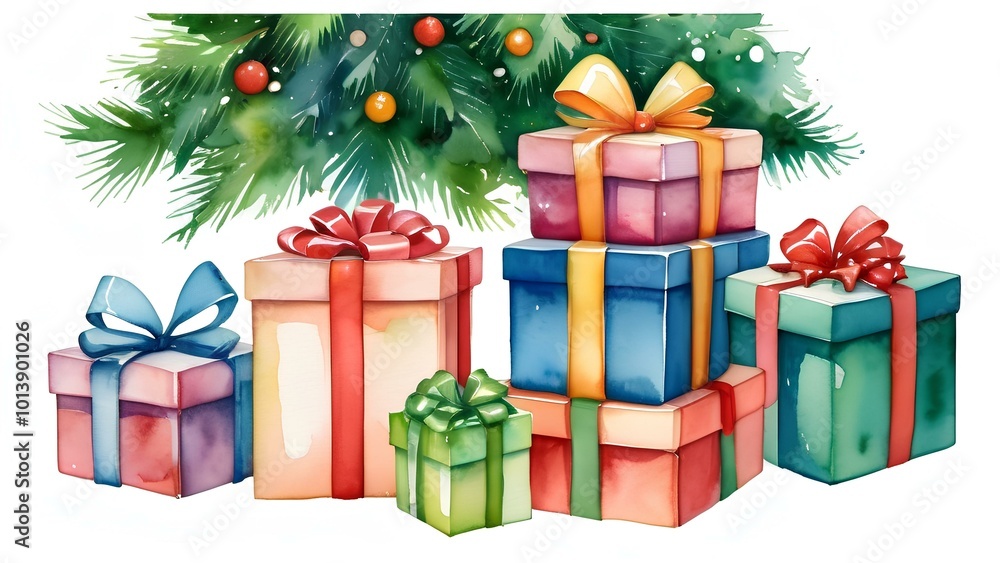 A vibrant collection of Christmas presents wrapped with beautiful bows and ribbons under a decorated Christmas tree, painted in detailed watercolor art A vibrant collection of Christmas presents wrapped with beautiful bows and ribbons under a decorated Christmas tree, painted in detailed watercolor art
