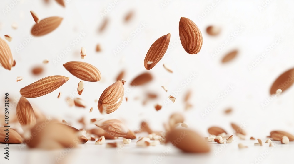Isolated falling almond on white background, full depth of field Isolated falling almond on white background, full depth of field