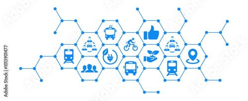 New mobility icon concept ,ecological public transport alternatives: bus, bike, car sharing, train , vector illustration