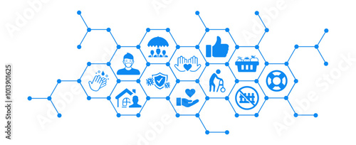 Solidarity and support during corona outbreak vector illustration. Concept with connected icons related to covid lockdown help, social support, charity and assistance.