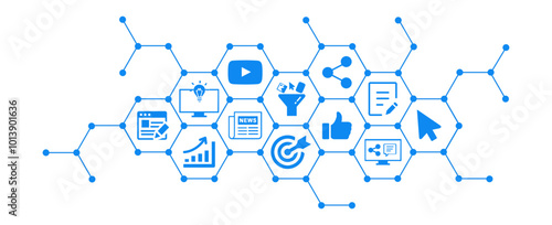 Creative writing vector illustration. Concept with connected icons related to content marketing, website communication and traffic, journalism, social media or blog