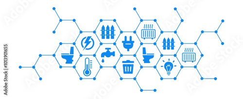 Public utilities vector illustration. Concept with connected icons related to water supply, electricity, gas, sanitation, household waste including internet access and telephone line.