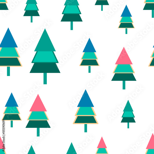 This image showcases a seamless pattern of stylized Christmas trees in various colors on a white background, representing a festive concept. Vector illustration