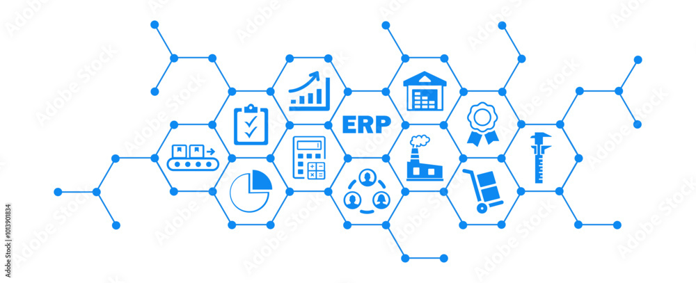 ERP vector illustration. Concept with connected icons related to enterprise resource planning software, system or interface, company management resources and corporate information or strategy ERP vector illustration. Concept with connected icons related to enterprise resource planning software, system or interface, company management resources and corporate information or strategy