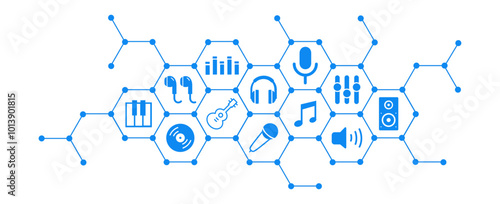 Music , audio , sound vector illustration. Blue concept with icons related to media , studio production recording, listening to music with headphones or earphones, musical equipment and technology