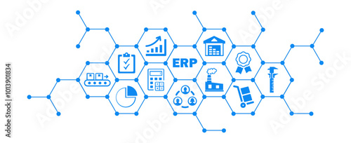 ERP vector illustration. Concept with connected icons related to enterprise resource planning software, system or interface, company management resources and corporate information or strategy