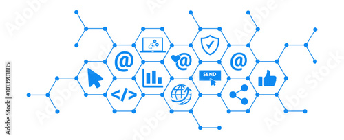 Email marketing vector illustration. Concept with connected icons related to e-mail communication strategy, e mail marketing software or tool, electronic communication or newsletter.
