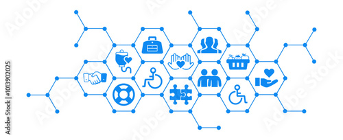 Volunteering and charity vector illustration. Concept with connected icons related to volunteer and community projects, welfare or charitable donations.