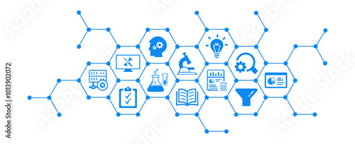 Research development vector illustration. Concept with connected icons related to project management, product design or engineering, business development, r d process using technology, engineering.