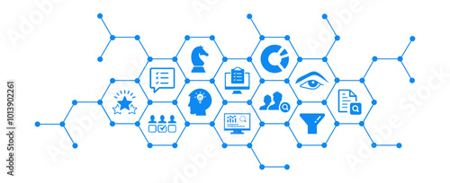 Assessment vector illustration. Blue concept with icons related to hr evaluation process, performance review feedback, client or employee questionnaire, quality management, knowledge testing.