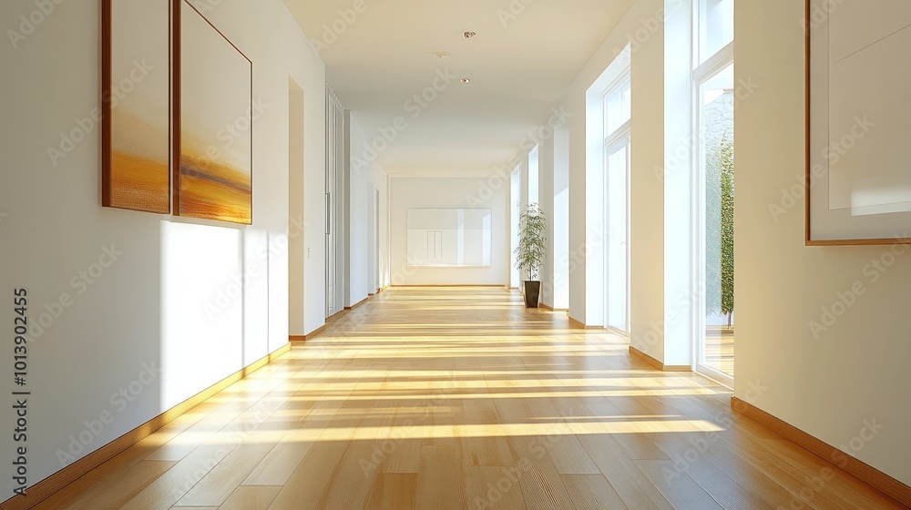 A bright and airy hallway with wooden floors, large windows, and artwork on the walls. A bright and airy hallway with wooden floors, large windows, and artwork on the walls.