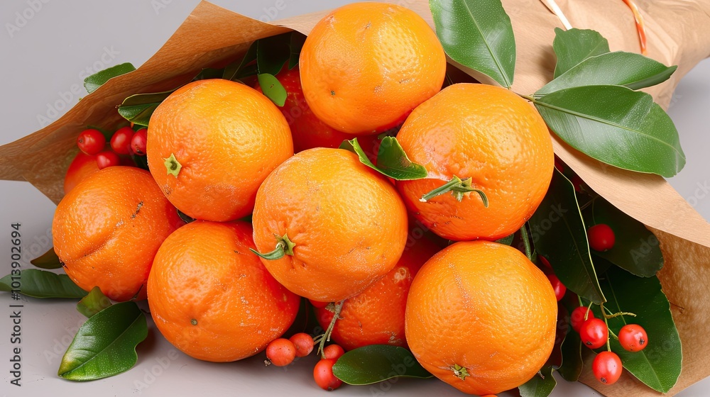 A bouquet of tangerines wrapped in brown paper A bouquet of tangerines wrapped in brown paper