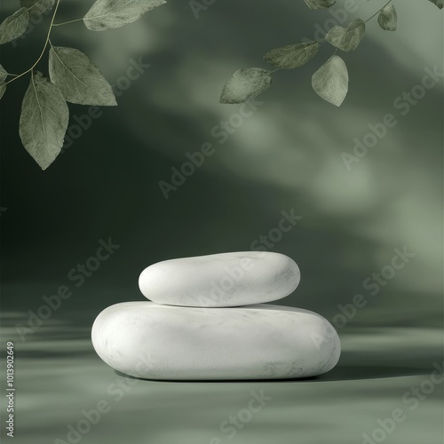 White stones on a dark green background. 3D rendering, 3d illustration. photo