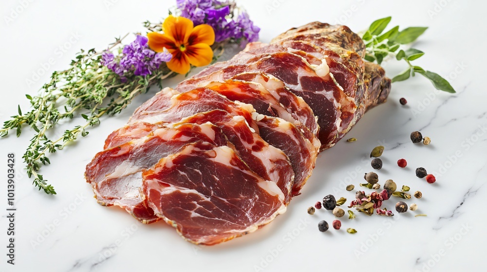 Spanish jamon carved and fanned out, isolated on a white marble background with decorative edible flowers and fresh herbs Spanish jamon carved and fanned out, isolated on a white marble background with decorative edible flowers and fresh herbs