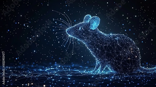 A glowing, digitally rendered mouse made of blue lines is depicted against a cosmic night sky, representing technological advancement and celestial wonder.