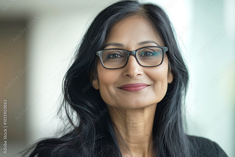 Confident professional Indian woman smiling with glasses in office setting Confident professional Indian woman smiling with glasses in office setting