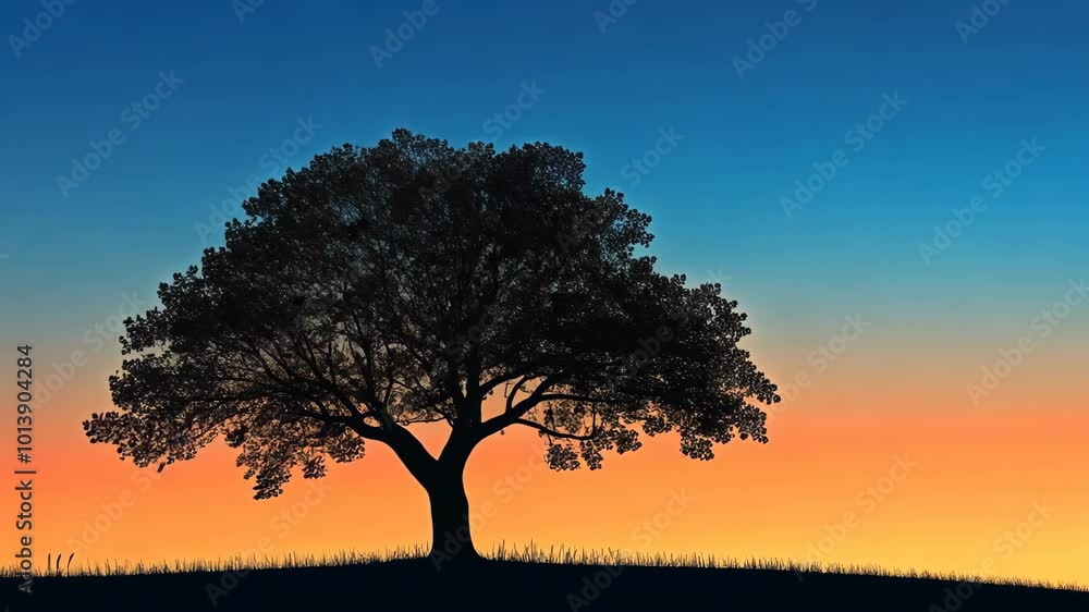 A lone tree stands tall against the vibrant colors of a setting sun A lone tree stands tall against the vibrant colors of a setting sun