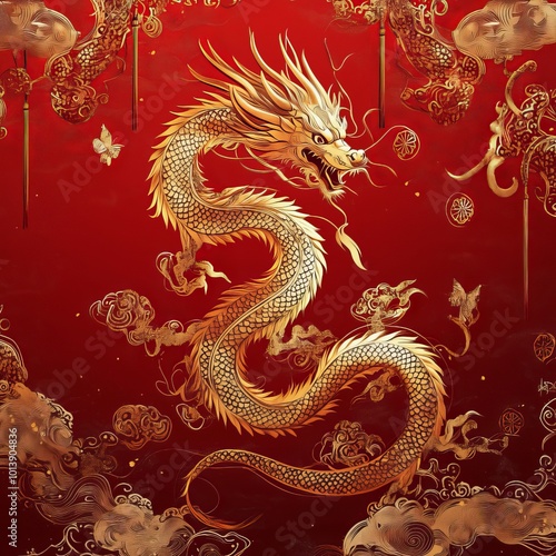 Golden Dragon on Red Background: A majestic golden dragon soars through the red sky, its scales shimmering against the vibrant backdrop. This intricate illustration embodies strength, power.