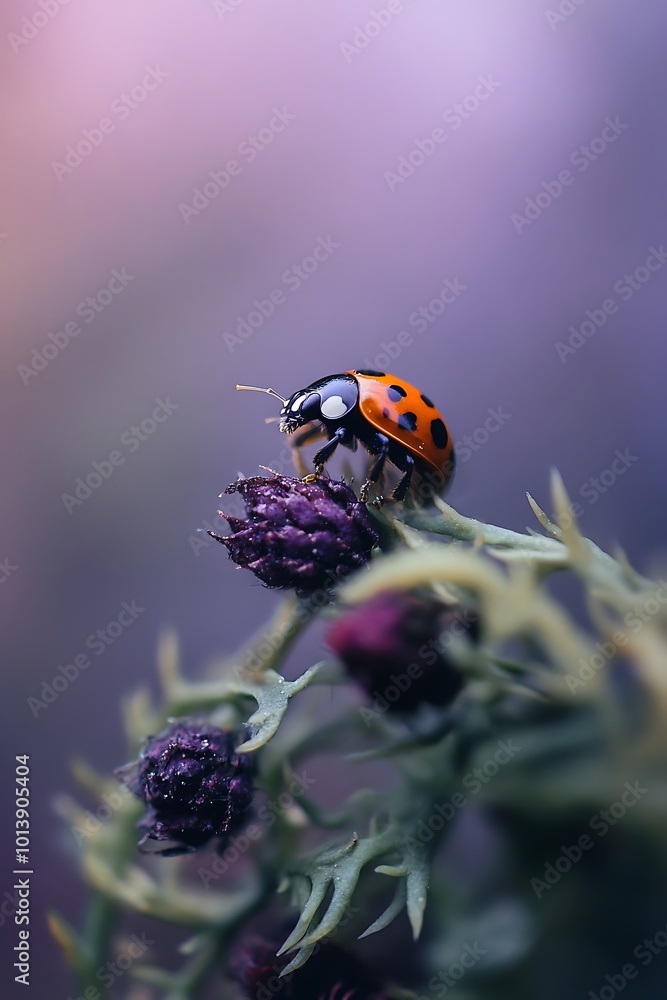 Close up of ladybug on purple flower with blurred background Close up of ladybug on purple flower with blurred background