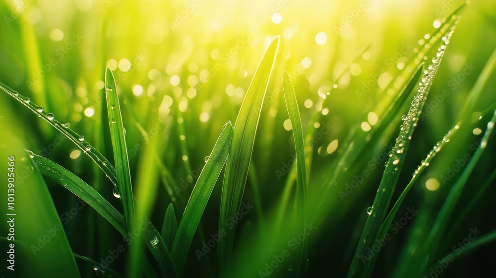 Close-up of green grass blades with dew drops glistening in the sunlight. Close-up of green grass blades with dew drops glistening in the sunlight.